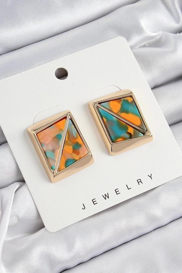 Pirinç  Turuncu Yeşil Üçgen Kesim Detaylı Kare Model Vintage Gold Renk Kadın Küpe - Image 1