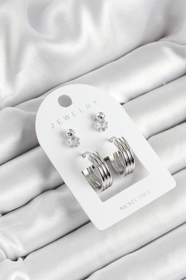 Pirinç Zirkon Taş Ve Halka Figürlü Gümüş Renk 3'lü Çift Kadın Küpe Set - Image 1