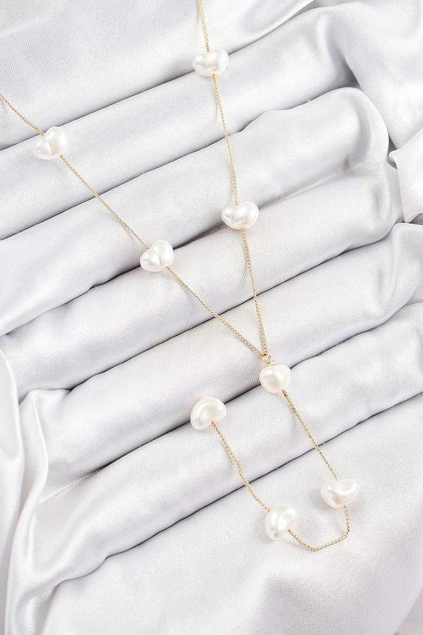 Pirinç İncili Kalp Figürlü Y Model Gold Renk Kadın Kolye - Image 1