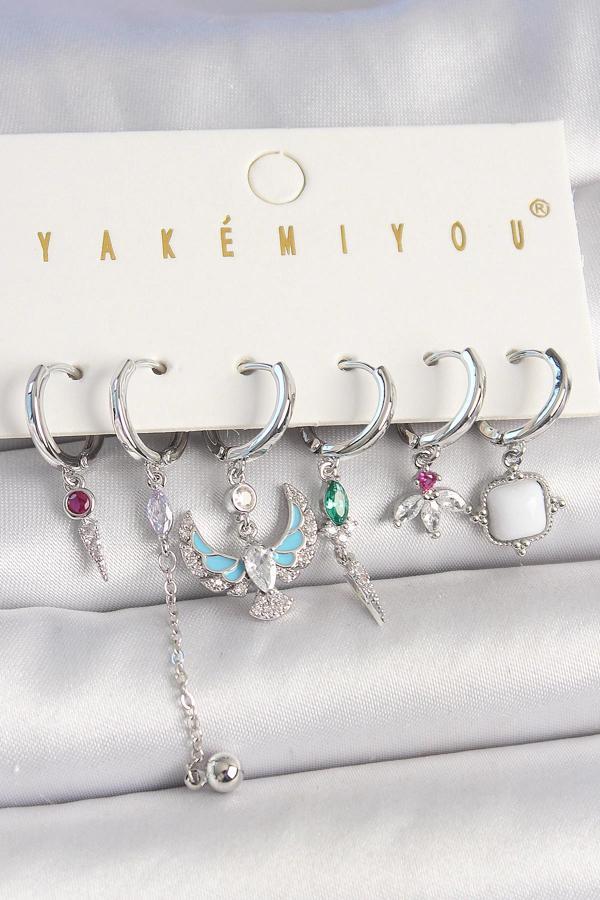 Pirinç Gümüş Renk Zirkon Taşlı Kuş Figür Çiçek Detay 6'Lı Kadın Kombin Küpe - Image 1