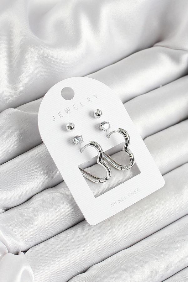 Pirinç Zirkon Taş Ve Kalp Figürlü Gümüş Renk 3'lü Çift Kadın Küpe Set - Image 1