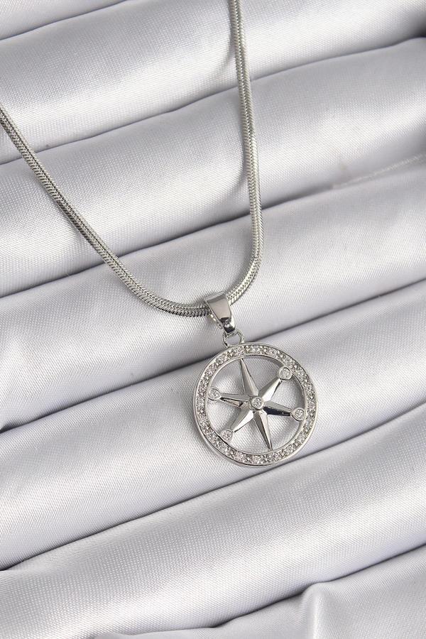 316L Çelik Gümüş Renk İtalyan Zincir Zirkon Taşlı Kutup Yıldız Model Kadın Kolye - Image 1