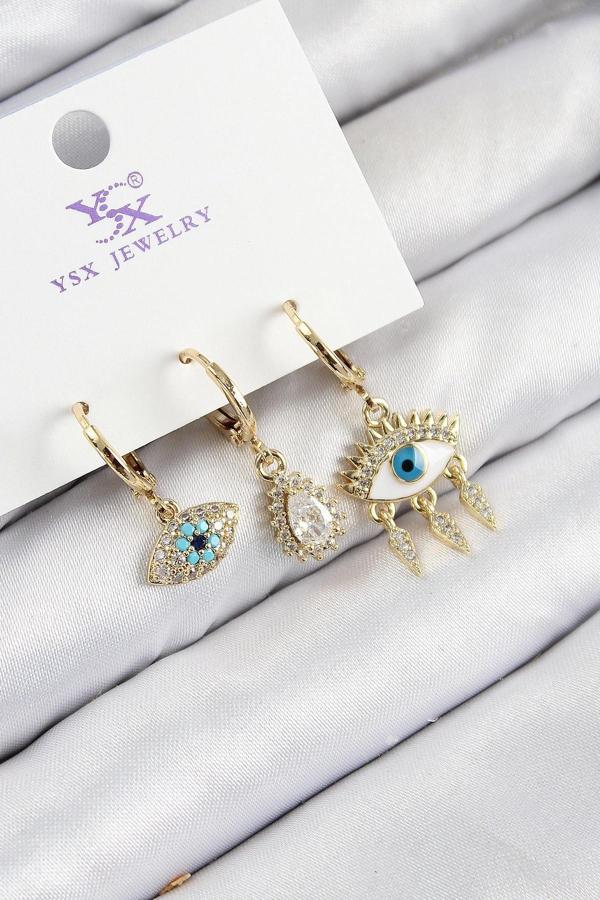 Pirinç Zirkon Taşlı 3'lü Fatma'nın Gözü Model Gold Renk Kadın Küpe - Image 1