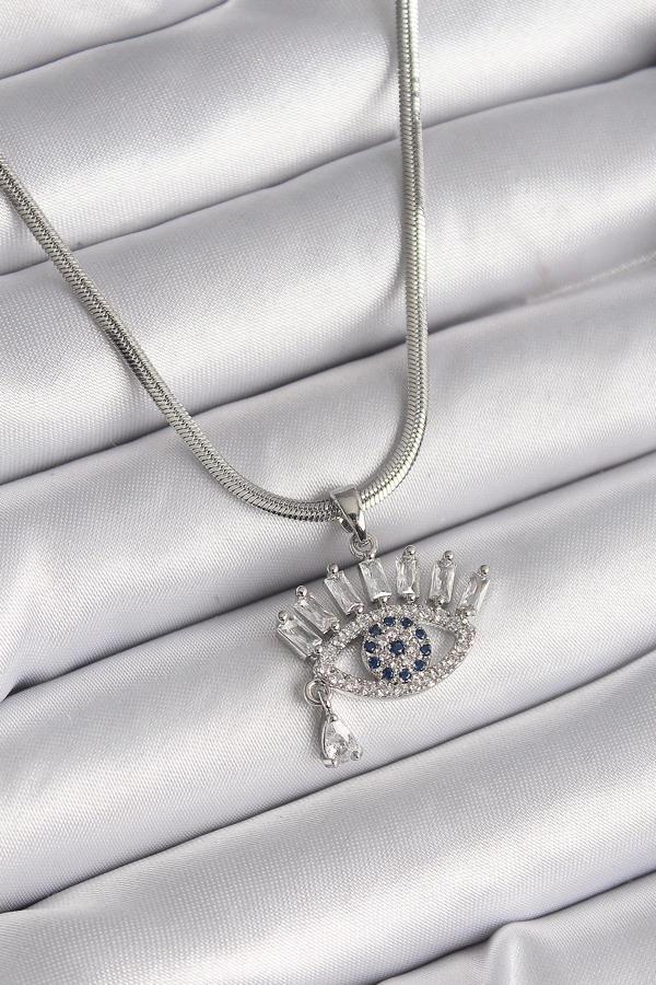 316L Çelik Gümüş Renk İtalyan Zincir Zirkon Taşlı Göz Model Kadın Kolye - Image 1