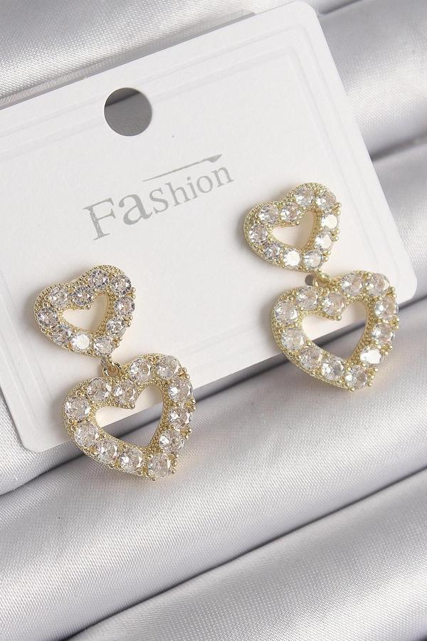 Pirinç Gold Renk Zirkon Taşlı Sallantı Kalp Model Kadın Küpe - Image 1