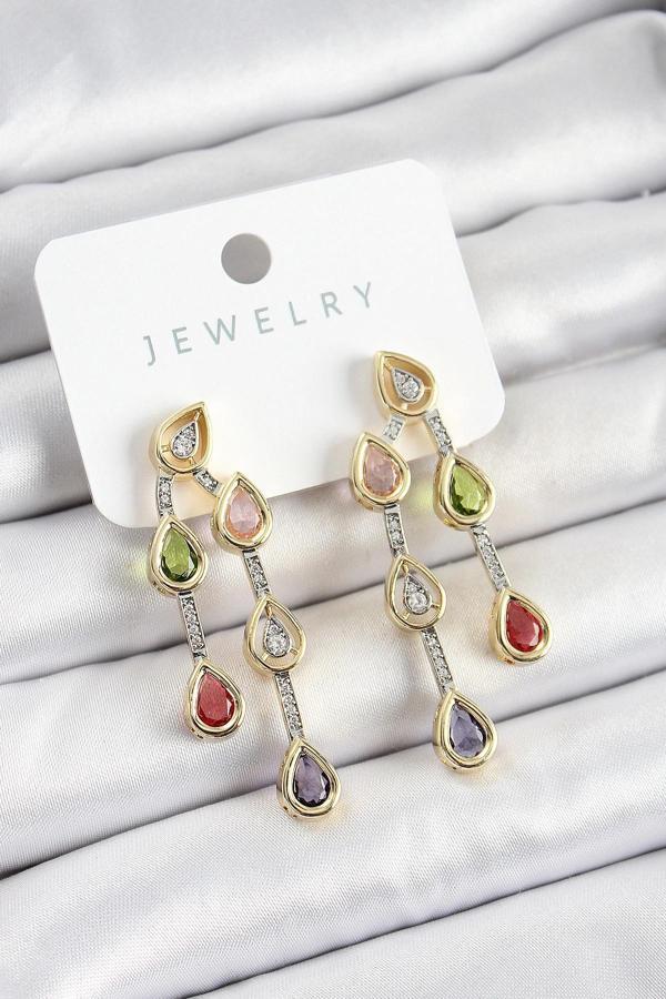 Pirinç Çoklu Damla Model Karşık Zirkon Taşlı Gold Ve Gümüş Renk Kadın Küpe - Image 1