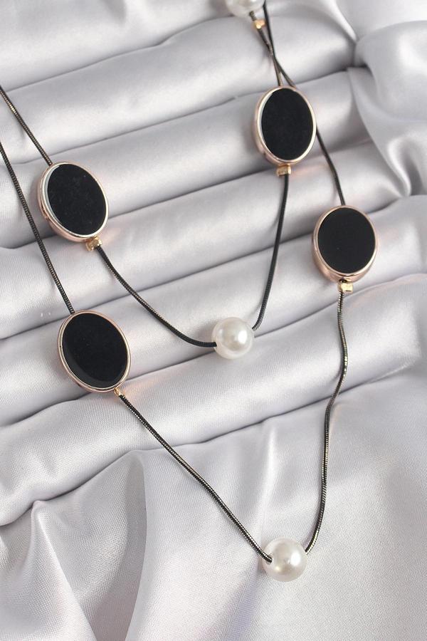 Pirinç Siyah Renk Zincir İnci Detaylı Çoklu Kadın Kolye - Image 1