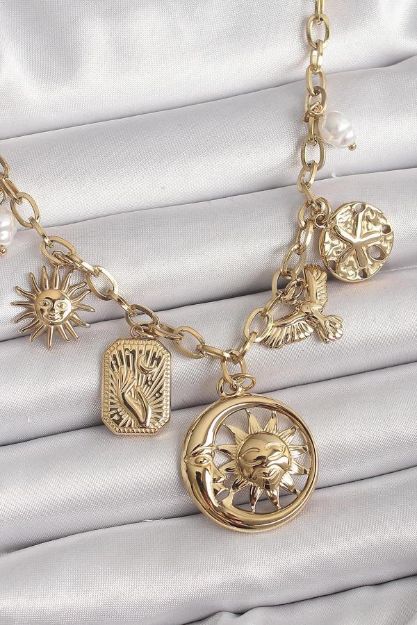 316L Çelik Gold Renk Halka Zincir Sallantı Ay Güneş Figür Kuş Detay Kadın Kolye - Image 1