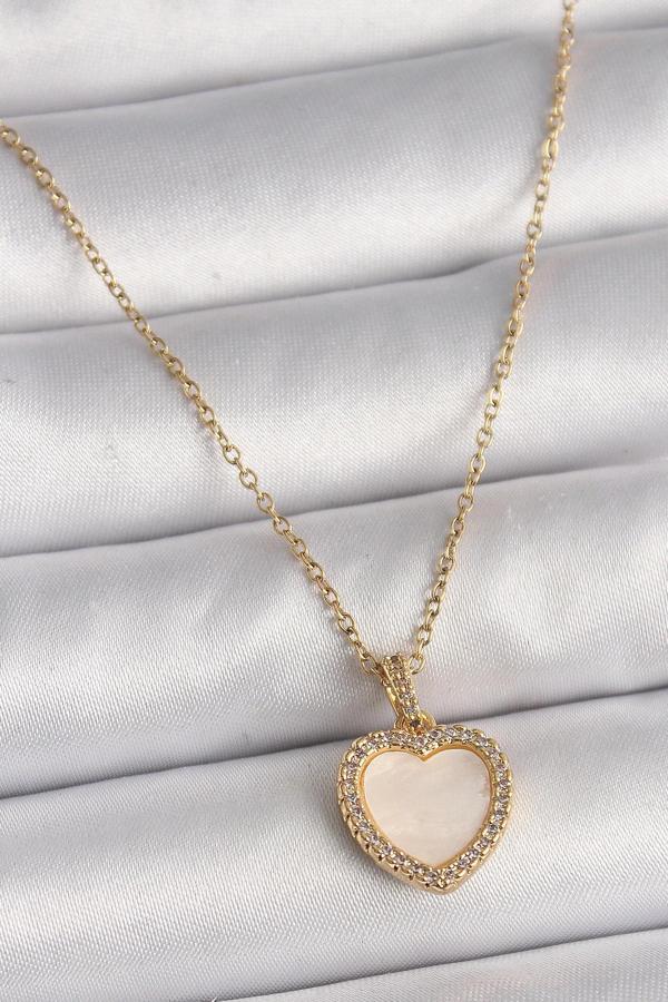 316L Çelik Gold Renk Zincir Zirkon Taşlı Beyaz Mineli Kalp Model Kadın Kolye - Image 1