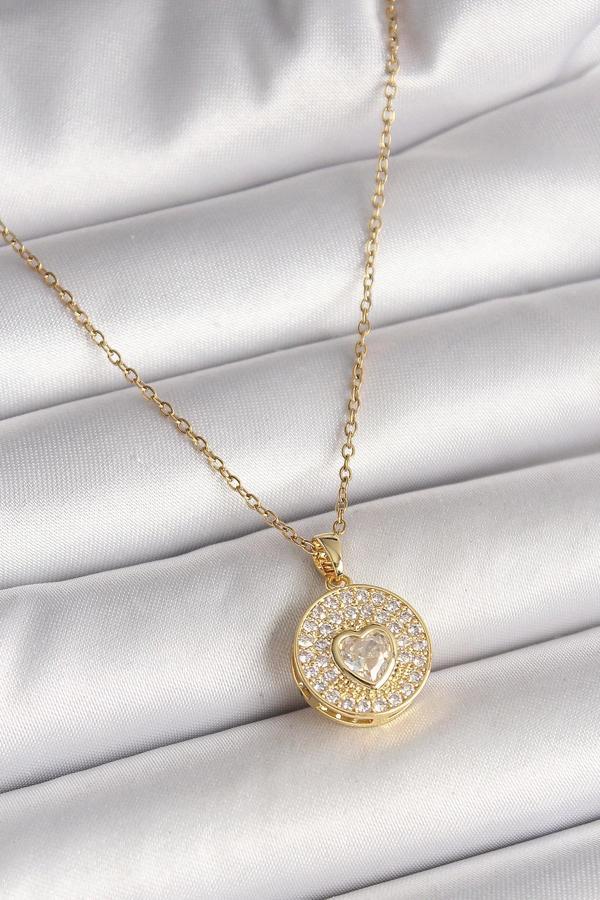 316L Çelik Gold Renk Zincir Madalyon Zirkon Taşlı Kalp Model Kadın Kolye - Image 1