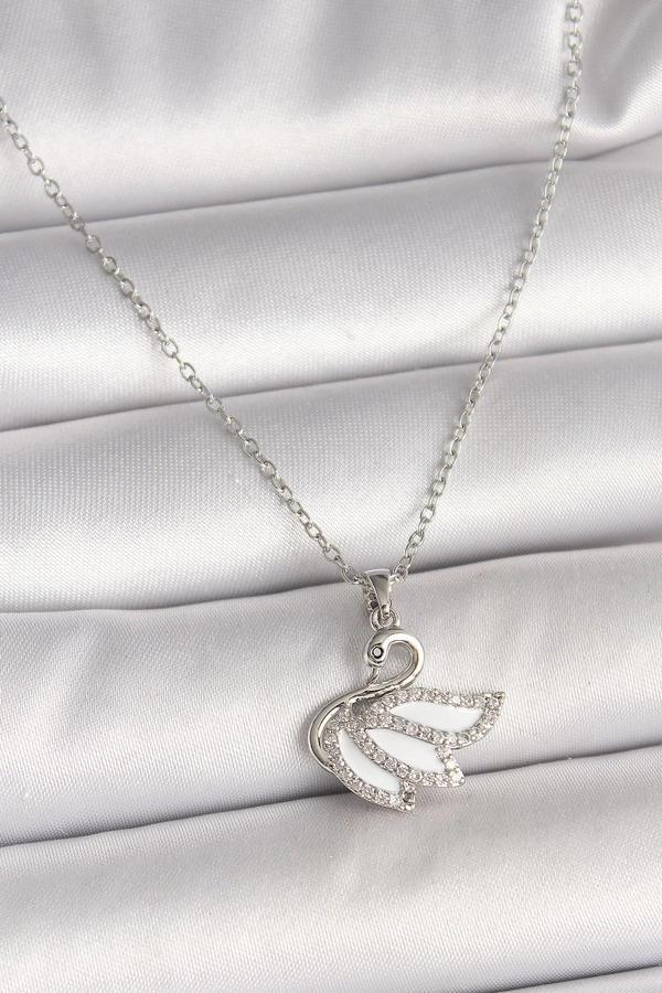 316L Çelik Gümüş Renk Zincir Zirkon Taşlı Kuğu Model Kadın Kolye - Image 1