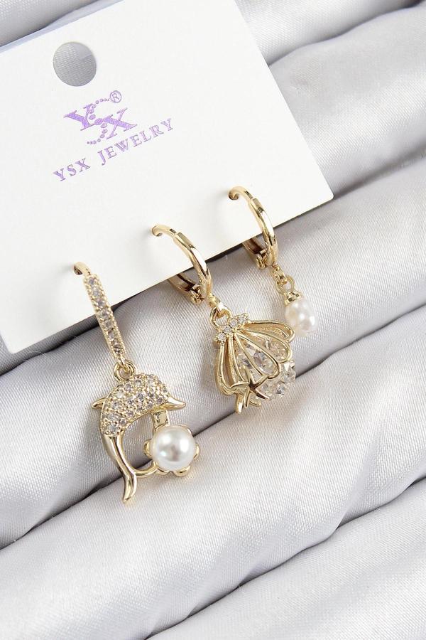 Pirinç Zirkon Taşlı 3'lü Yunus Balığı Ve İstiridye Model Gold Renk Kadın Küpe - Image 1