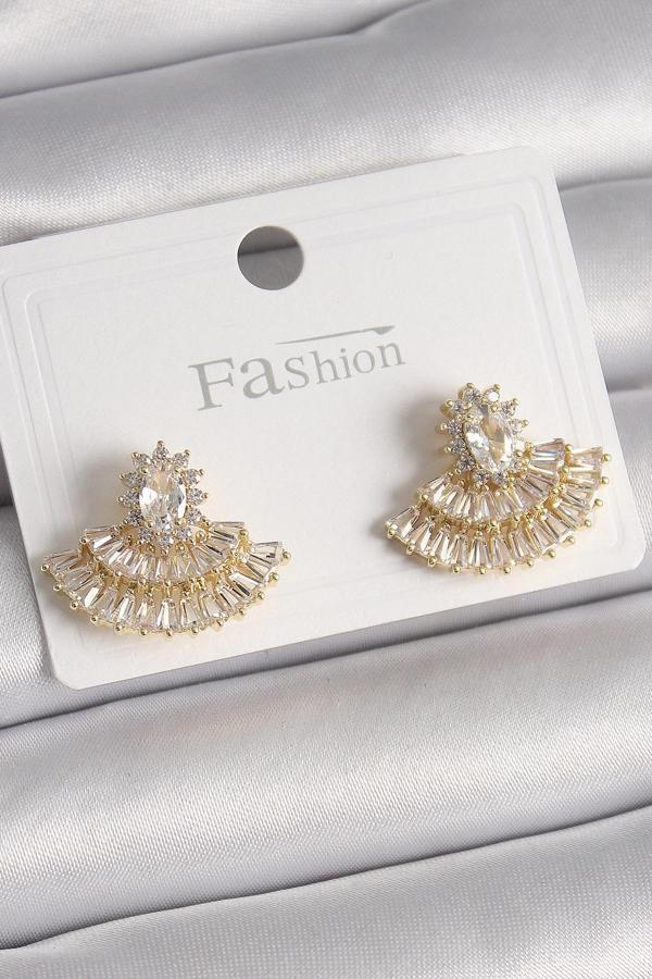 Pirinç Gold Renk Zirkon Taşlı Yelpaze Model Kadın Küpe - Image 1