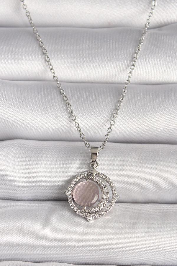 316L Çelik Gümüş Renk Zirkon Taşlı Pembe Sedefli Hilal Model Kadın Kolye - Image 1