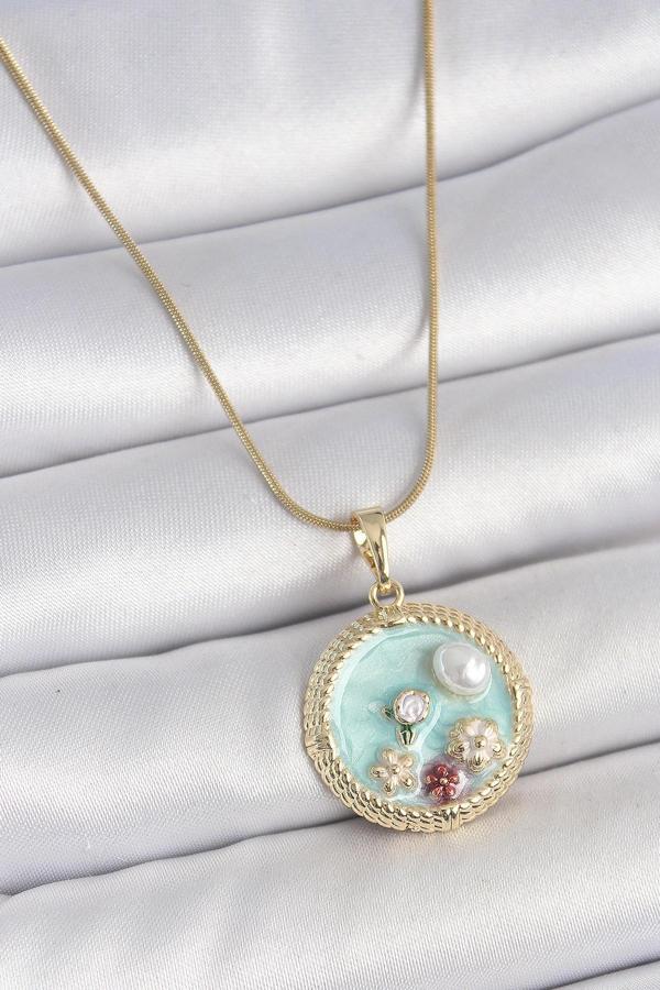 316L Çelik Gold Renk Zincir Mavi Mineli İnci Çiçek İşlemeli Zirkon Taş Detaylı Madalyon Model Kadın  - Image 1