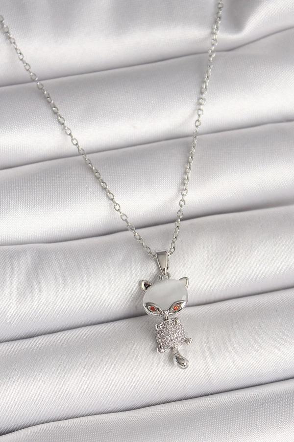 316L Çelik Gümüş Renk Zincir Zirkon Taşlı Kedi Model Kadın Kolye - Image 1