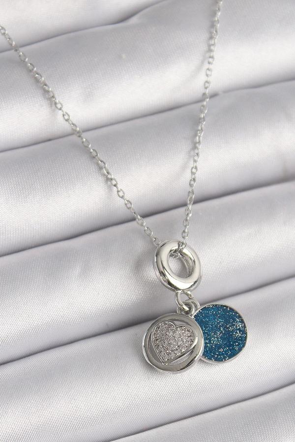 316L Çelik Gümüş Renk Zincir Zirkon Taşlı İşleme Mavi Simli Kadın Kolye - Image 1