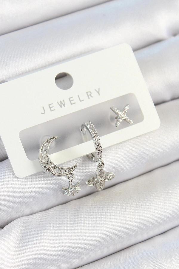 Pirinç Zirkon Taşlı Çiçek Ve Ay Model Gümüş Renk 3'lü Çift Kadın Küpe Set - Image 1