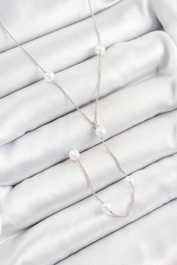 Pirinç İnci Figürlü Y Model Gümüş Renk Kadın Kolye - Image 1