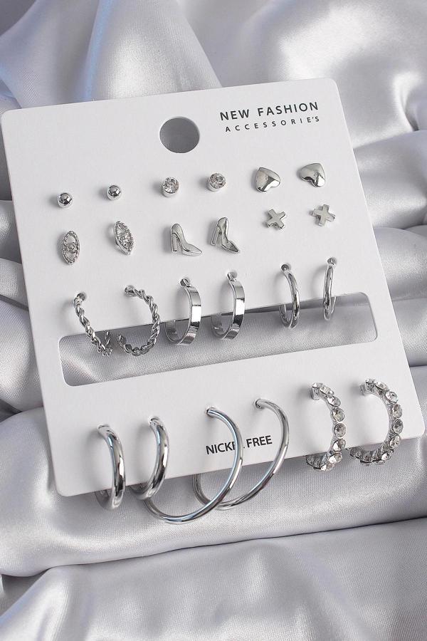 Pirinç Gümüş Renk 12 Çift Kadın Küpe Seti - Image 1