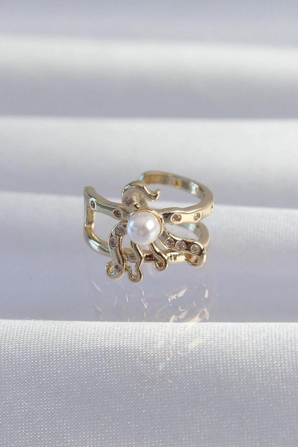 Pirinç Gold Renk İncili Ahtapot Earcuff Küpe - Image 1