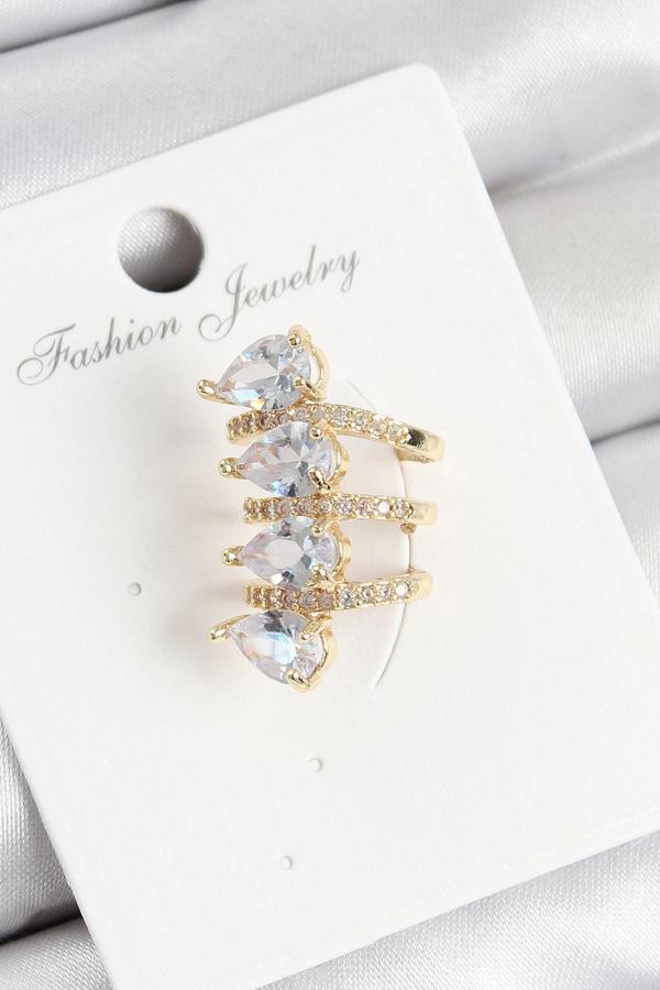 Pirinç Zirkon Taşlı Damla Model Gold Renk Sağ Kıkırdak Küpe - Image 1