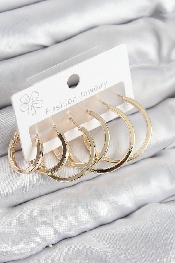 Pirinç Halka Model Gold Renk Kadın Set Küpe - Image 1