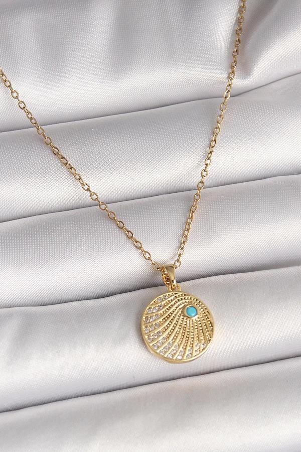 316L Çelik Gold Renk Zincir Zirkon Taş İşlemeli Mavi Taş Detaylı Madalyon Model Kadın Kolye - Image 1