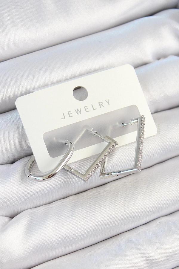 Pirinç Zirkon Taşlı Dikdörtgen Model Gümüş Renk 3'lü Çift Kadın Küpe Set - Image 1