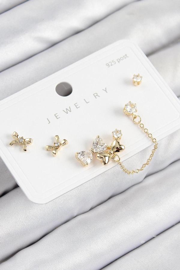 Pirinç Zirkon Taşlı Fiyonk Model Gold Renk 925 Ayar Gümüş Çivi Kadın Küpe Set - Image 1