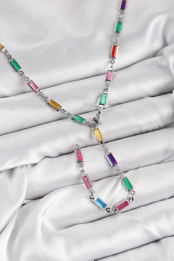 Pirinç Renkli Zirkon Taşlı Dikdörtgen Model Gümüş Renk Kadın Y Kolye - Image 1