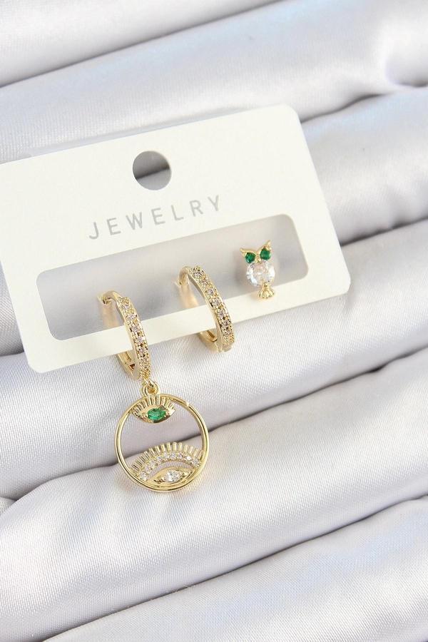 Pirinç Zirkon Taşlı Göz Ve Baykuş Model Gold Renk 3'lü Çift Kadın Küpe Set - Image 1