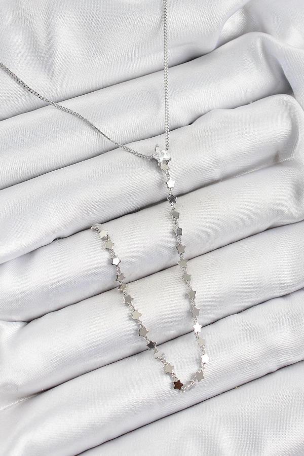 Pirinç Zirkon Taşlı Yıldız Figürlü Y Model Gümüş Renk Kadın Kolye - Image 1