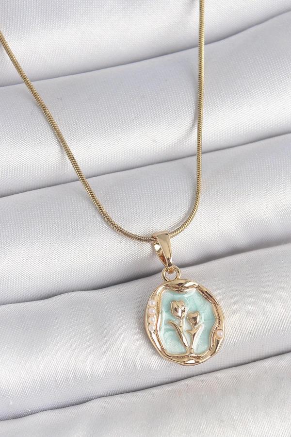 316L Çelik Gold Renk Zincir Turkuaz Mineli Çiçek İşlemeli Portre Model Kadın Kolye - Image 1