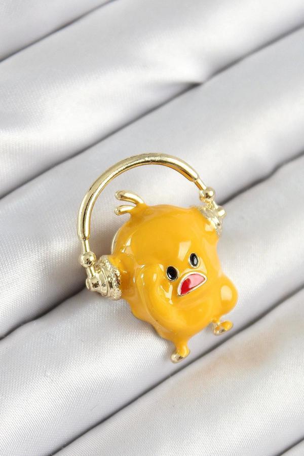 3D Kulaklıklı Sarı Civciv Figürlü Gold Renk Kadın Broş - Image 1