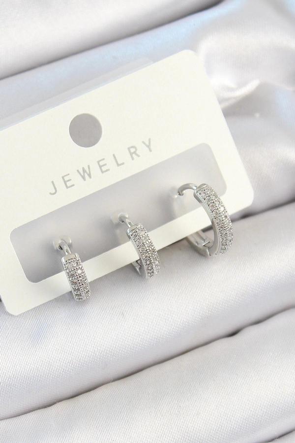 Pirinç Zirkon Taşlı Halka Model Gümüş Renk 3'lü Çift Kadın Küpe Set - Image 1