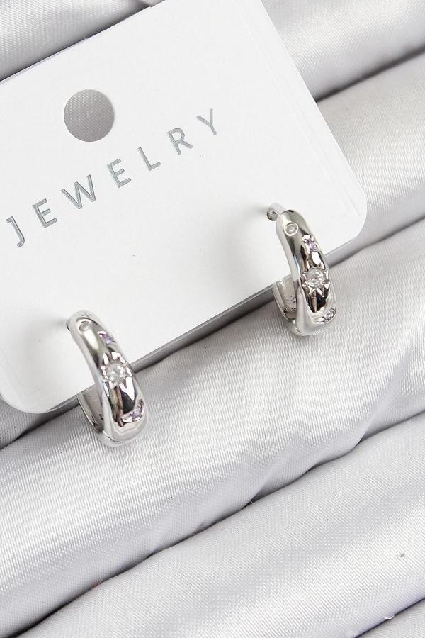 Pirinç Zirkon Taşlı Halka Model Gümüş Renk Kadın Küpe - Image 1