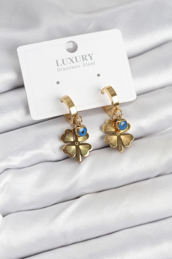 Zarif Kadın için Çelik Nazarlılıklı Yonca Stil Küpe - Image 1