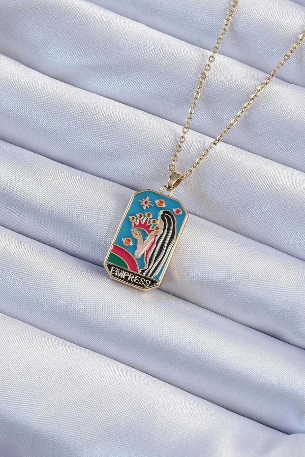 316L Çelik Zincir Altın Renk Taç ve Kız Figürlü Renkli Mineli Tarot Kolye - Image 1