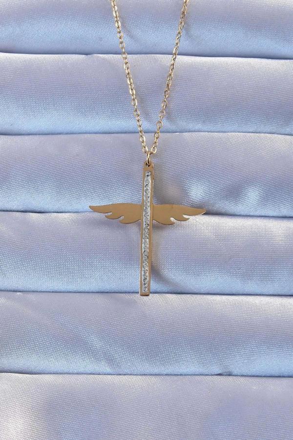 316L Çelik Altın Renk Zirkon Taşlı Mikail Kolye - Image 1