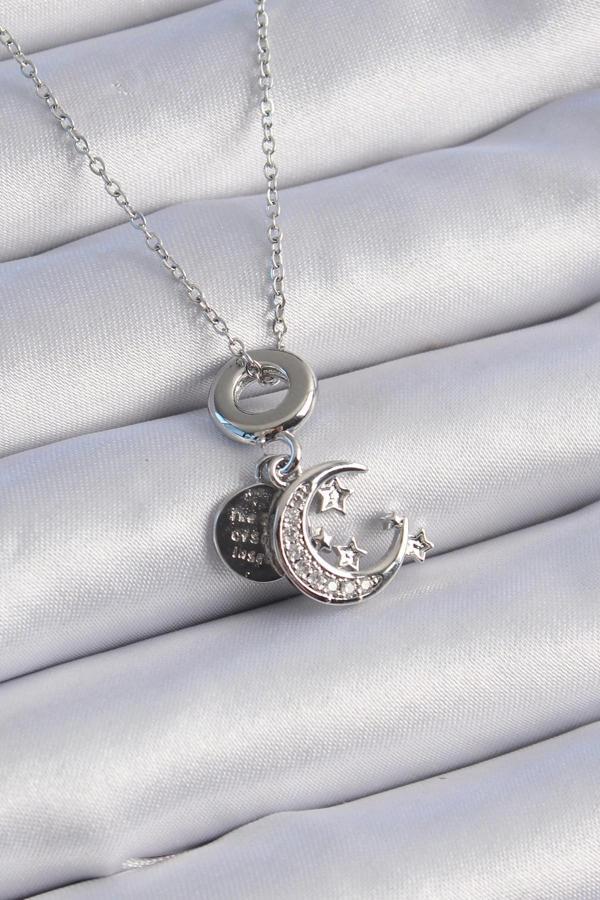 316L Çelik Gümüş Renk Zirkon Taşlı Ay Yıldız  Figür Charm Model Kadın Kolye - Image 1