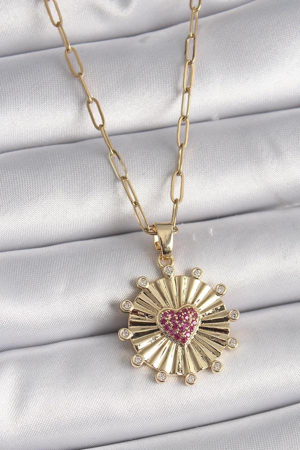316L Çelik Gold Renk Pembe Zirkon Taşlı Kalp İşleme Madalyon Model Kadın Kolye - Image 1
