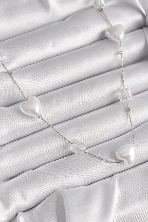 Pirinç Gümüş Renk Beyaz İnci Kalp Model Kadın Kolye - Image 1