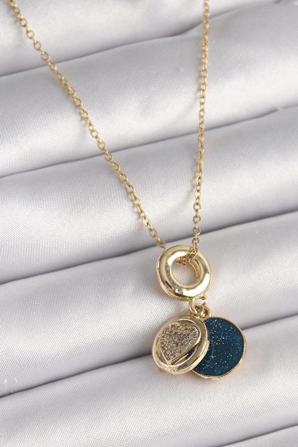 316L Çelik Gold Renk Zincir Zirkon Taşlı Kalp Model Mavi Simli Kadın Kolye - Image 1