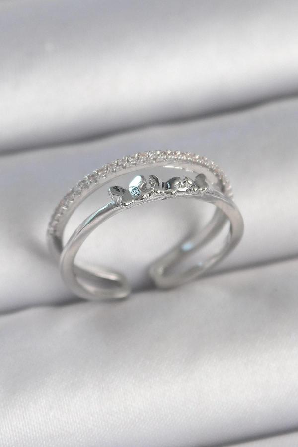 Pirinç Gümüş Renk 2'Li Zirkon Taş Detaylı Kelebek Figür Ayarlanabilir Model Kadın Yüzük - Image 1