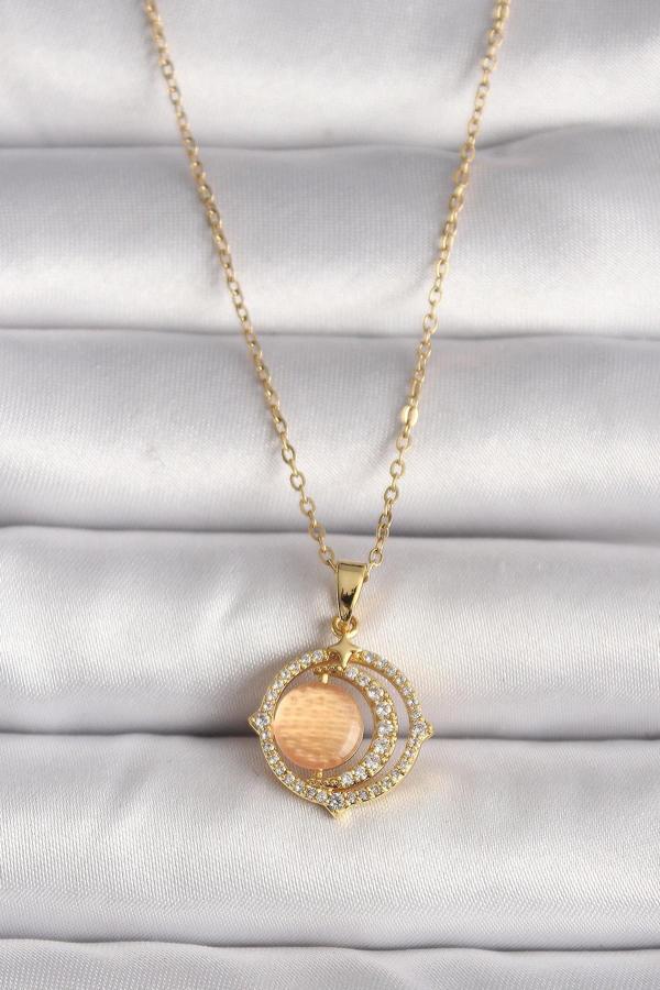 316L Çelik Gold Renk Zirkon Taşlı Turuncu Sedefli Hilal Model Kadın Kolye - Image 1