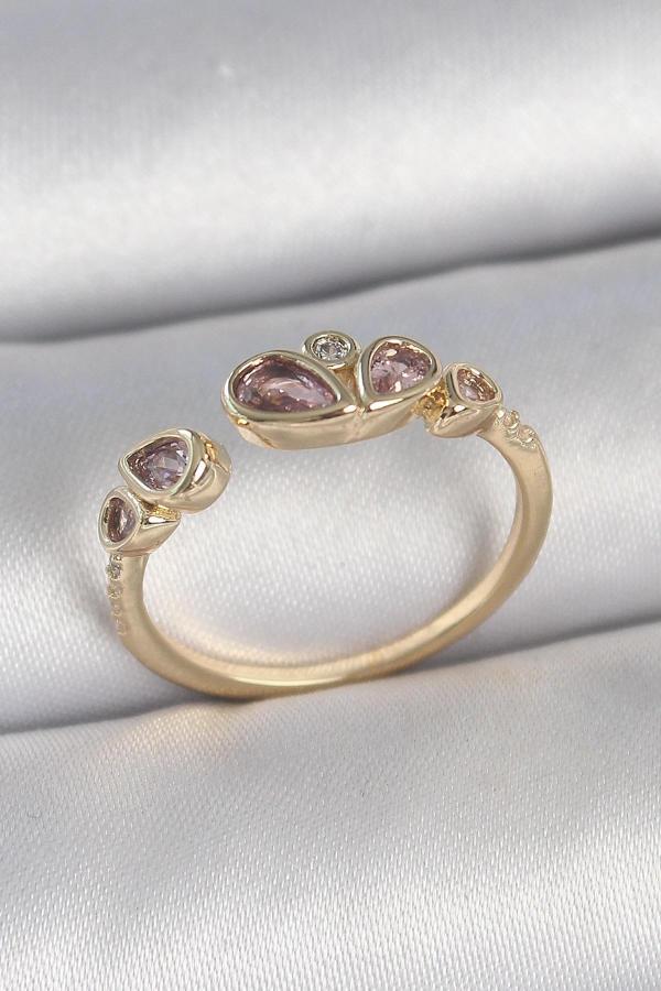 Pirinç Gold Renk Pembe Damla Zirkon Taşlı Ayarlanabilir Kadın Yüzük - Image 1