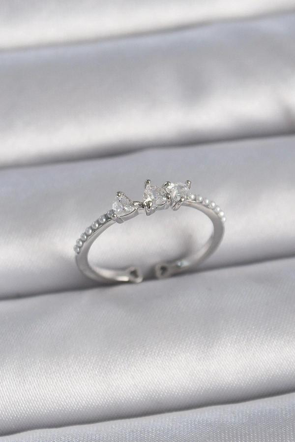 Pirinç Gümüş Renk Zirkon Taşlı Kalp İnci Detay Ayarlanabilir Model Kadın Yüzük - Image 1