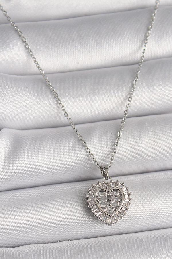 316L Çelik Gümüş Renk Zincir Zirkon Taşlı Kalp Model Kadın Kolye - Image 1