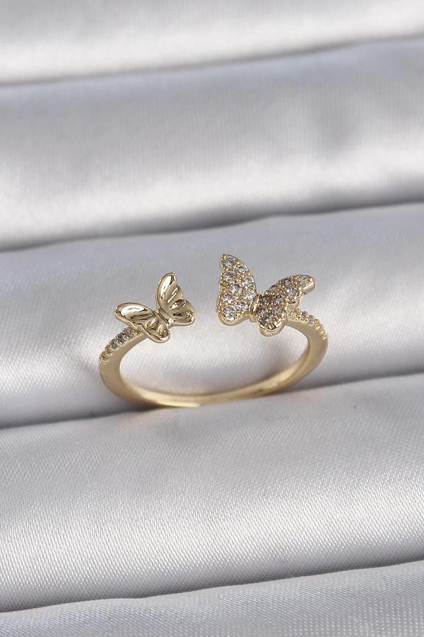 Pirinç Gold Renk Ayarlanabilir Zirkon Taşlı Kelebek Model Kadın Yüzük - Image 1